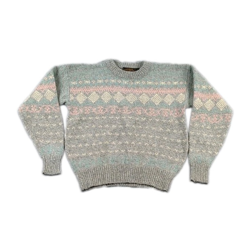 Vintage 80s Eddie Bauer Pullover Sweater Small  Gray Stripe Wool Blend Made USA